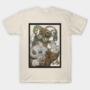 Steampunk Cat -Tea Party with Bat -Charoal Outline T-Shirt